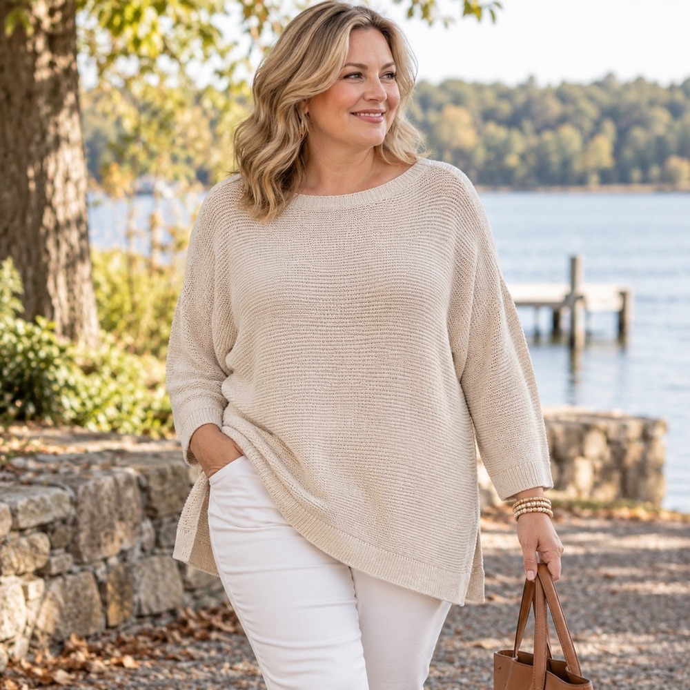 J.Jill Tunic Sweater Open Knit Dolman Oversized Cotton Blend Beige Women's XL